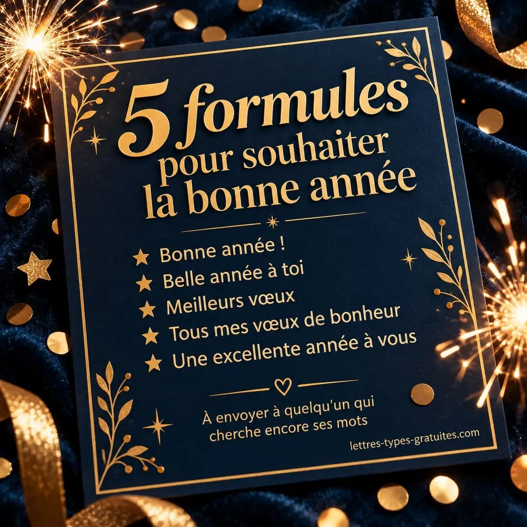 Carte carrée listant un vœu de bonne année pour chaque destinataire : famille, amis, amoureux, collègues